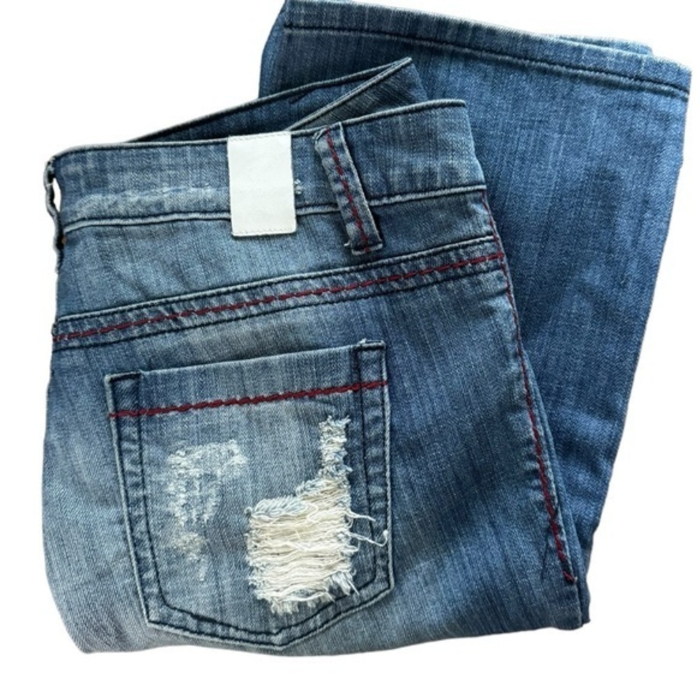 Paco Jeans women’s distressed patched straight leg mid raise blue jeans 32 tall